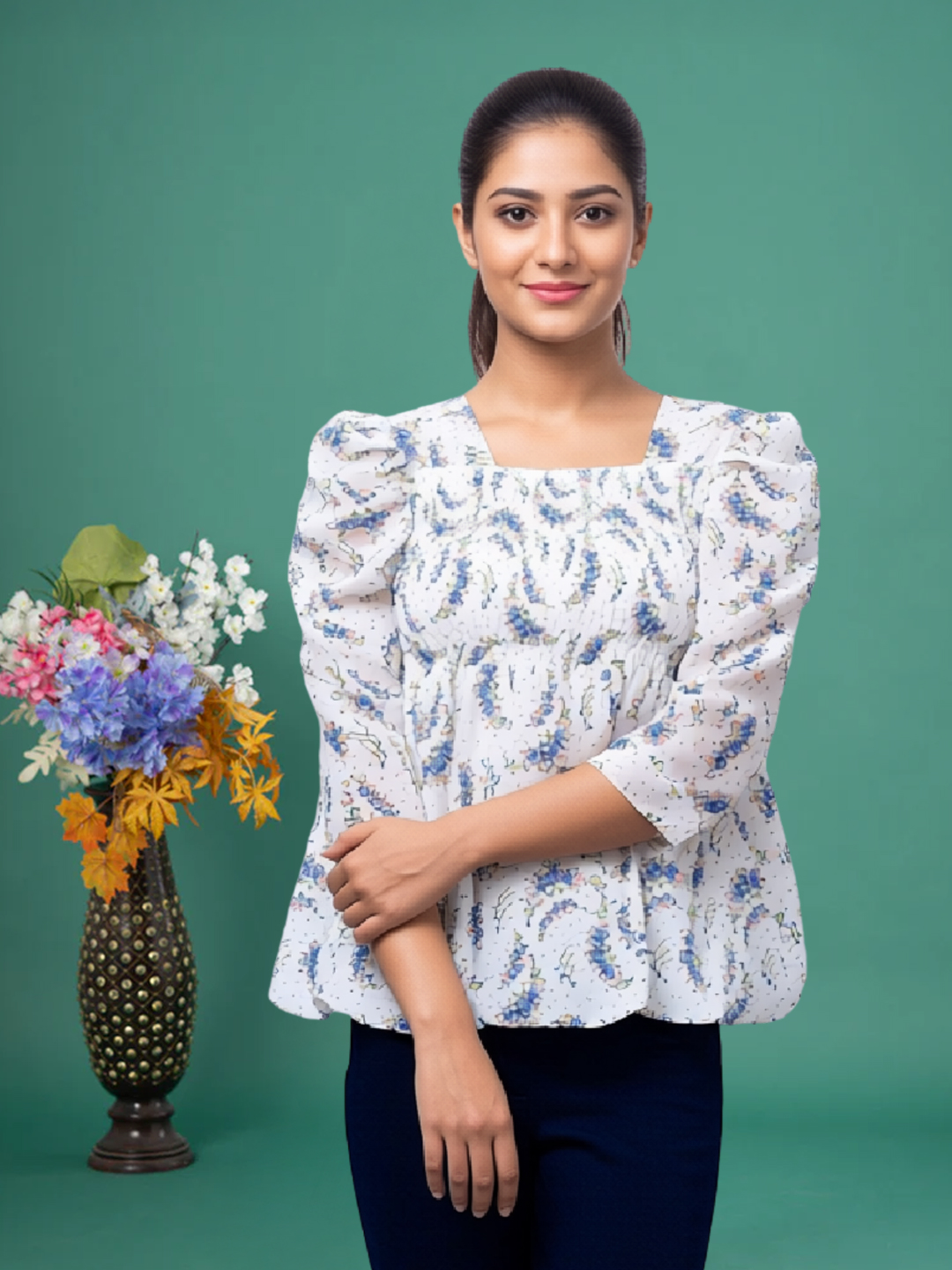 Women's Floral Print Long Puff Sleeves Top