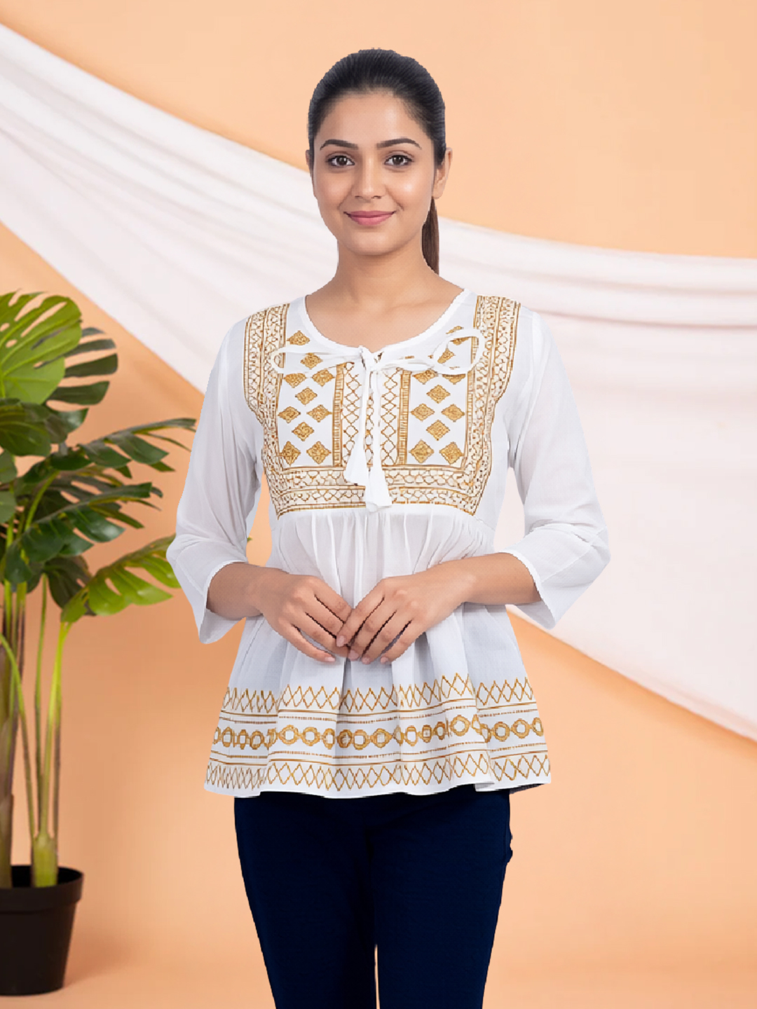 Women's Ethnic Embroidery Tie-Up Neckline Tunic Top