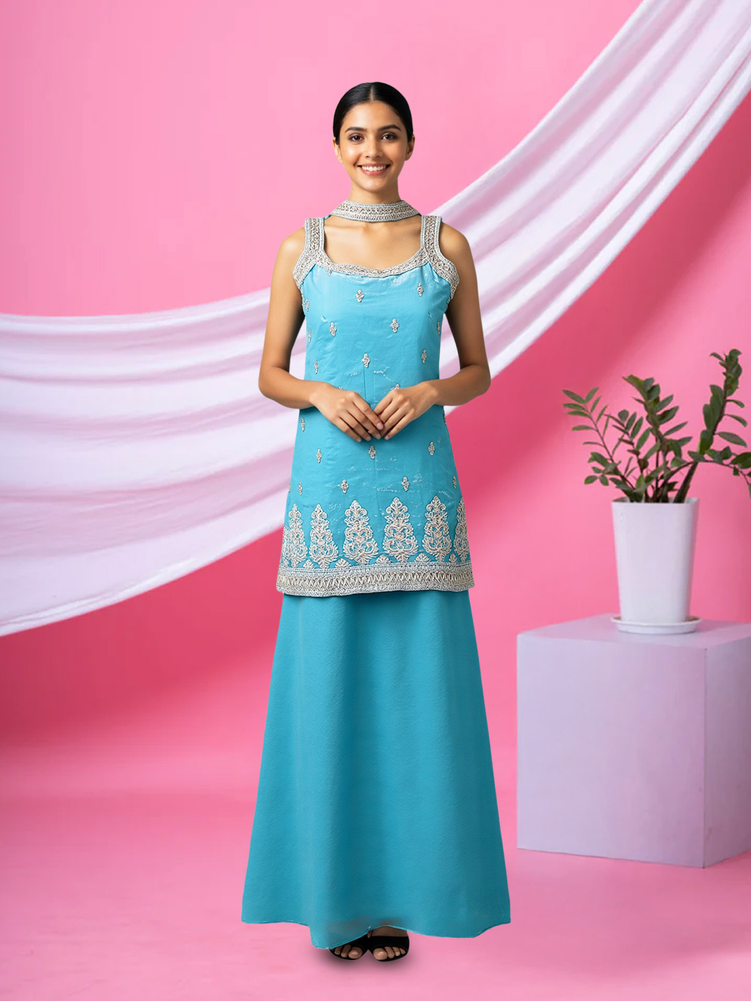 Elegant Floral Thread work Shimmer Sharara Suit Set