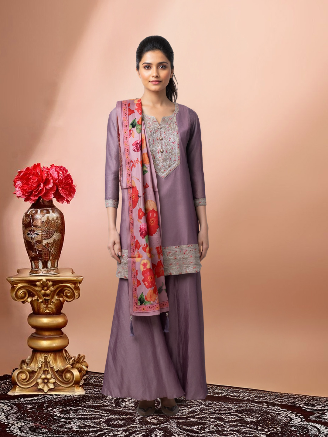 Ethnic  Floral Embroidery  Sharara Suit Set