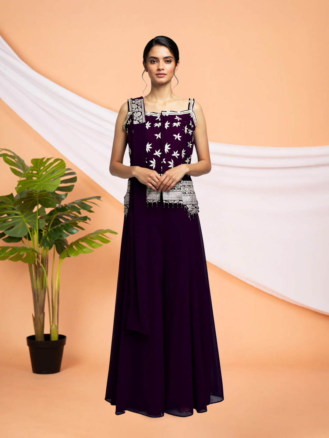 Floral Thread Mirror Work Short Top with Sharara & Dupatta Set