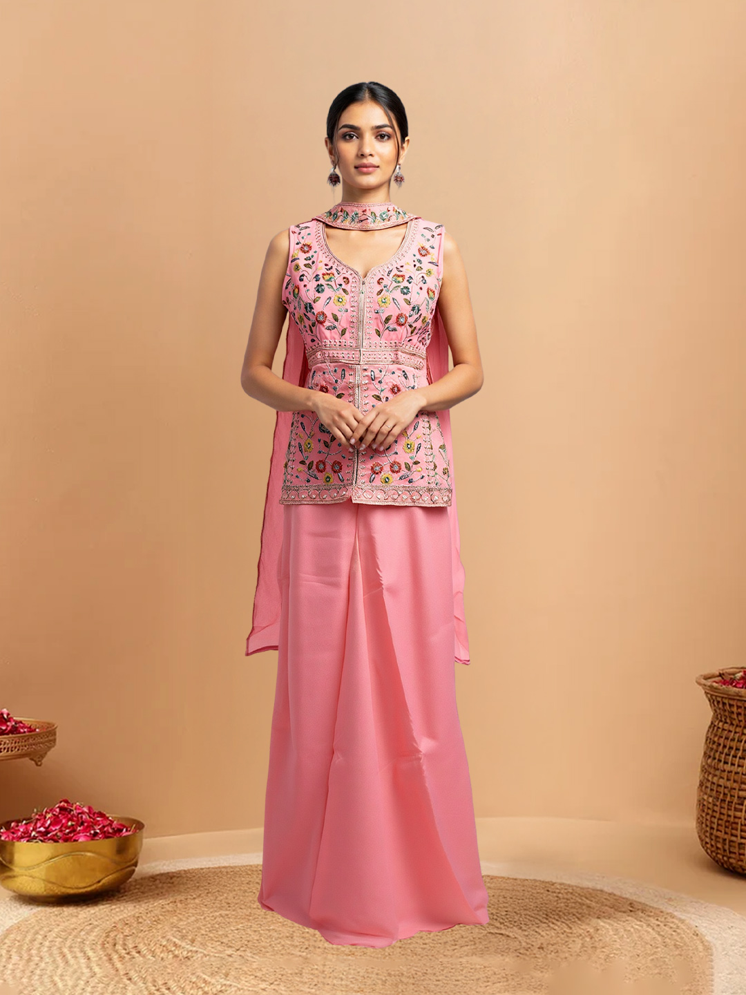 Floral Embroidery Shimmer Short Kurta with Sharara Dupatta Set