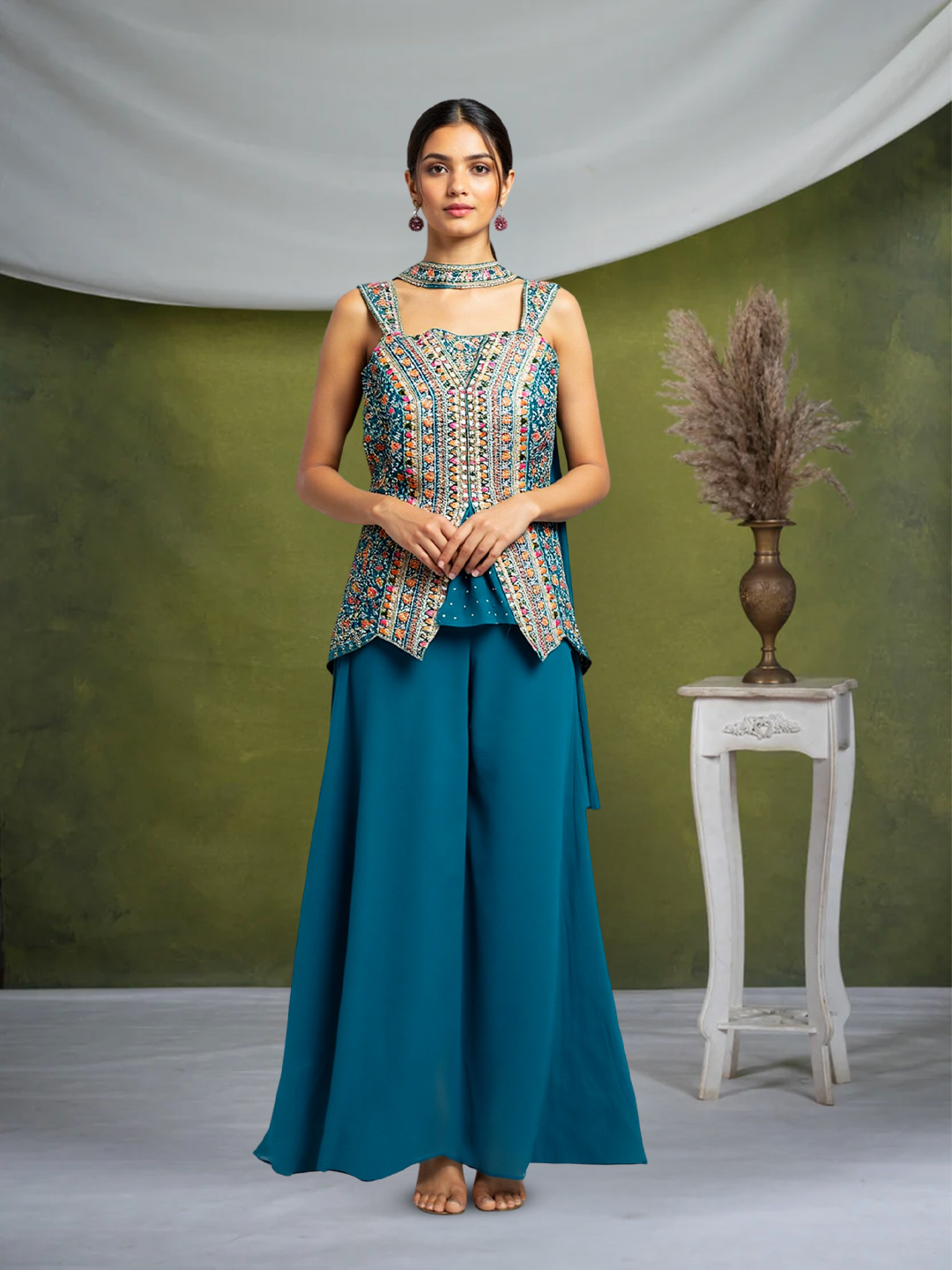 Multicolor Sequnce Embroidered Ethnic Short Kurta with Sharara & Dupatta Set