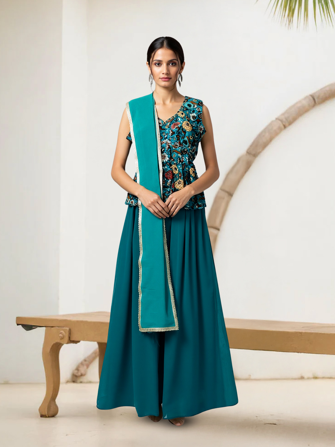 Elegant Floral Printed Ethnic Short Kurta with Sharara & Dupatta Set