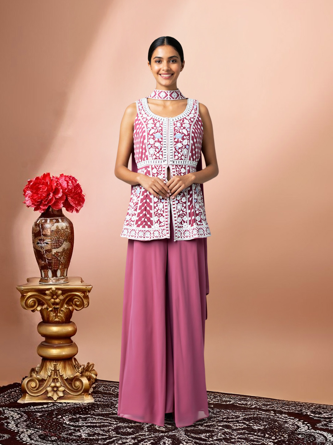 Elegant Floral Embroidered  Ethnic Sharara Suit Set