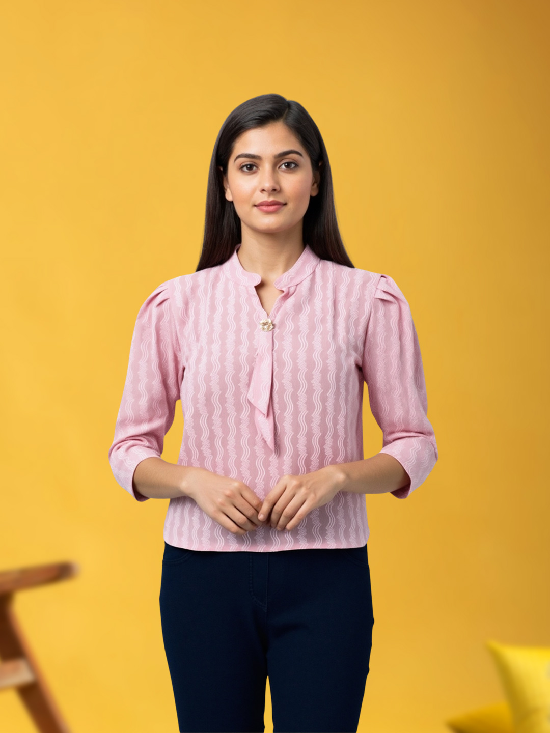  Women's Elegant Tie-Up Mandarin Neckline Top