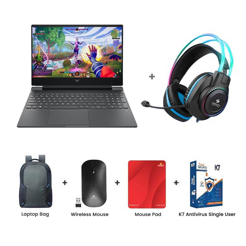 Picture of HP Victus - 14th  Gen Intel Core i5-14450HX 16.1" (40.9 cm) 16-r1703TX Gaming Laptop (16GB DDR5/ 512GB SSD/ Full HD Display/ 144 Hz/ NVIDIA GeForce RTX 3050 6GB GDDR6/ Windows 11 Home/ MS Office 2024/ 1 Year Warranty/ Mica Silver/ 2.31 kg) Zebronics Zeb-Jet Premium Gaming Headphone + Laptop Bag + Wireless Mouse + Mouse Pad + K7 Antivirus Single User 