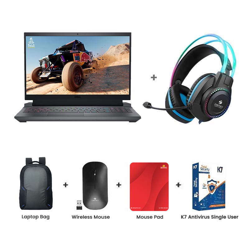 Picture of Dell G15 - 13th Gen Intel Core i5-13450HX 15" (38.10 cm) Gaming Laptop (16GB/ 512GB SSD/ Full HD Display/ NVIDIA GeForce RTX 3050 6GB GDDR6/ Windows 11 Home/ Office Home 2024/ 1 Year Warranty/ Dark Shadow Gray/ 2.81 kg) Zebronics Zeb-Jet Premium Gaming Headphone + Laptop Bag + Wireless Mouse + Mouse Pad + K7 Antivirus Single User