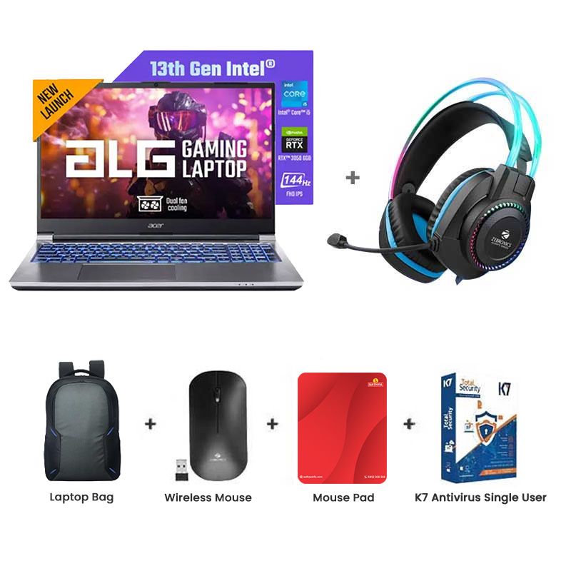 Picture of Acer ALG - 13th Gen Intel Core i5-13500H 15.6" (39.6 cm) AL15G-53 Gaming Laptop (16GB/ 512GB SSD/ Full HD Display/ NVIDIA GeForce RTX 3050-6GB/ Windows 11 Home/ 1Year Warranty/ Steel Gray/ 1.99kg) Zebronics Zeb-Jet Premium Gaming Headphone + Laptop Bag + Wireless Mouse + Mouse Pad + K7 Antivirus Single User