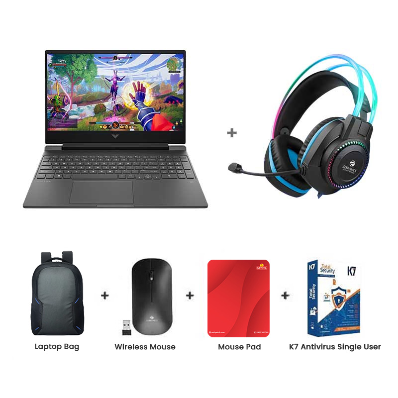 Picture of HP Victus - 13th Gen Intel Core i5-13420H 15.6" (39.6 cm) 15-fa2703TX Gaming Laptop  (16GB/ 512GB SSD/ Full HD Display/ NVIDIA GeForce RTX 2050 4GB/ Backlit Keyboard/ Anti-Glare/ Ethernet port/ Windows 11 Home/ MS Office 2024/ 1 Year Warranty/ Mica silver/ 2.29 kg) Zebronics Zeb-Jet Premium Gaming Headphone + Laptop Bag + Wireless Mouse + Mouse Pad + K7 Antivirus Single User