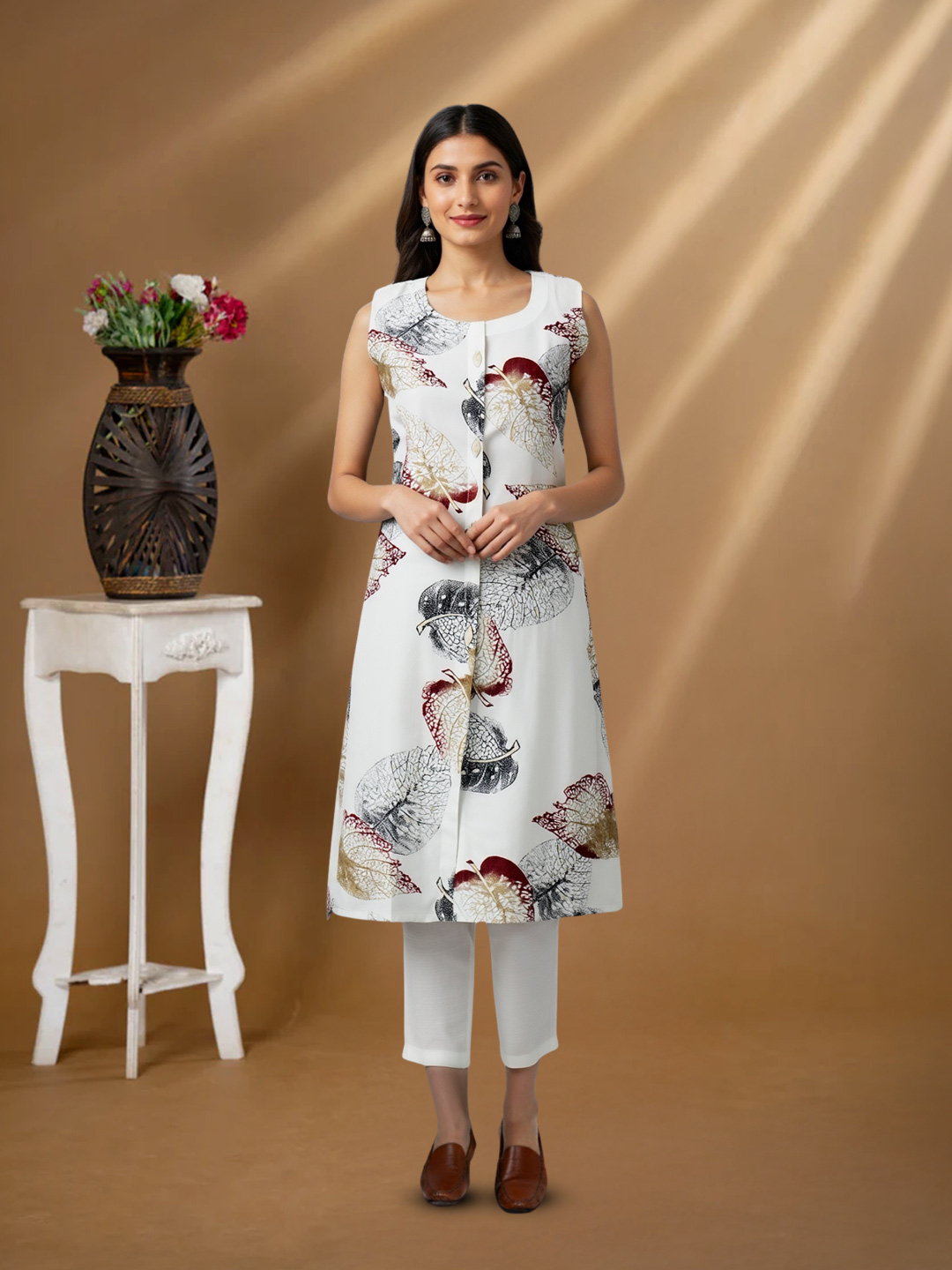 Leaf Printed Sleeveless Straight-Cut Kurta with Pant Set