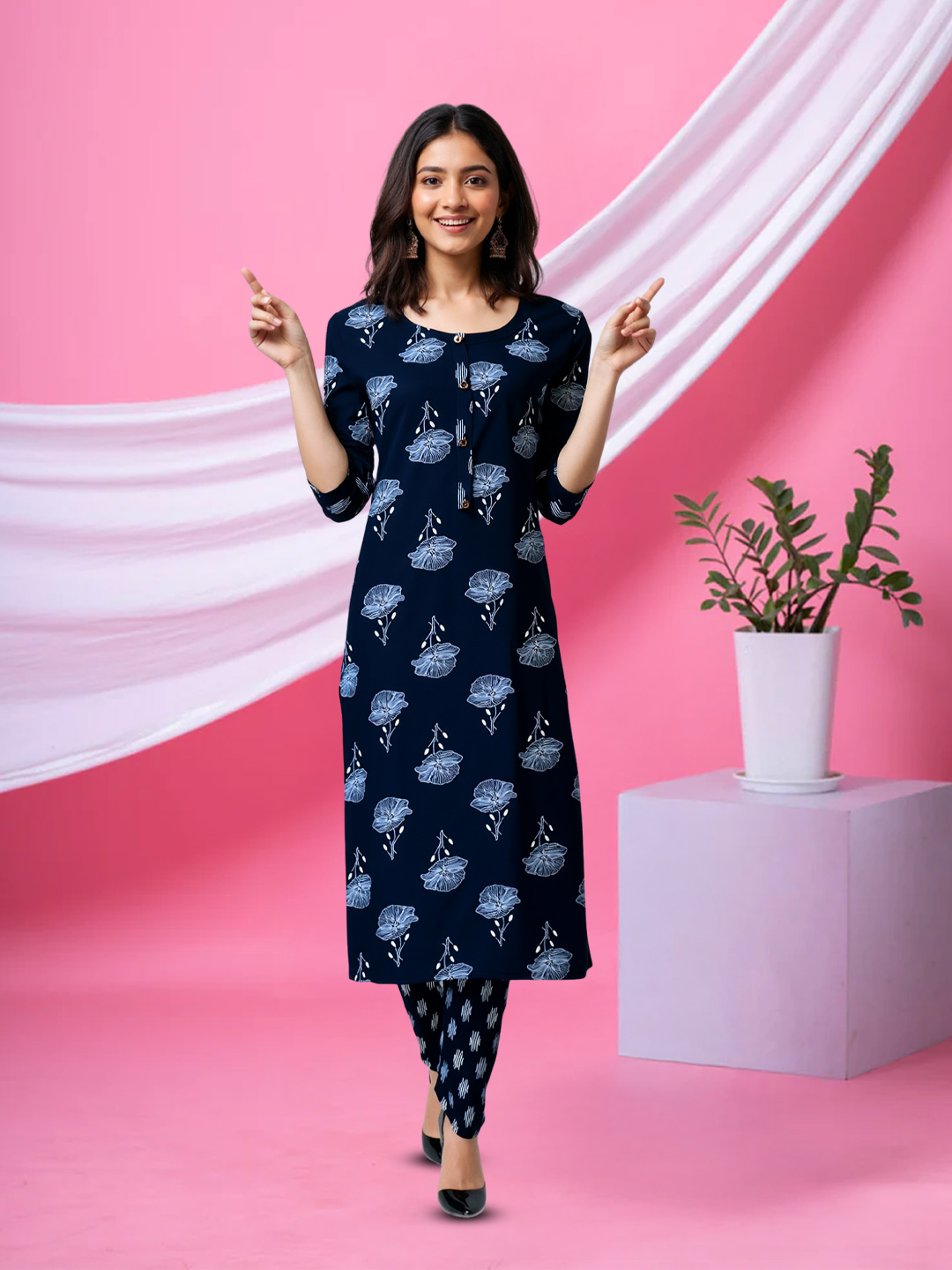 Floral Print Elegant Straight-Cut Kurta with Pant Set