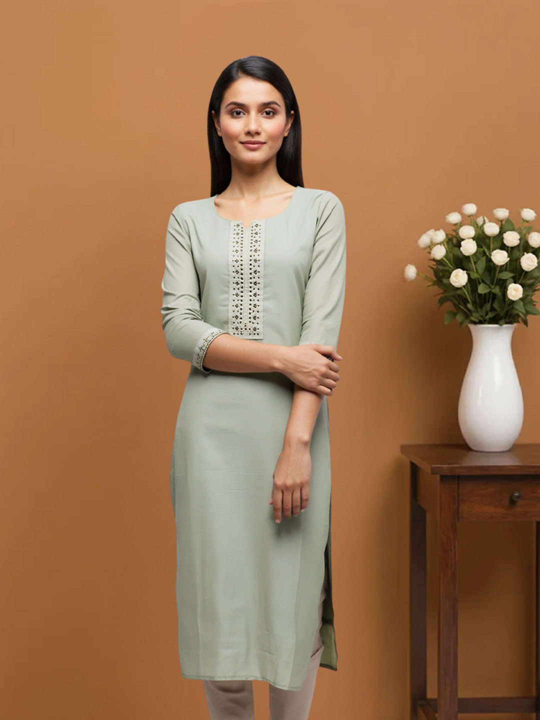 Round Neck Embroidered Yoke Straight-Cut Kurta