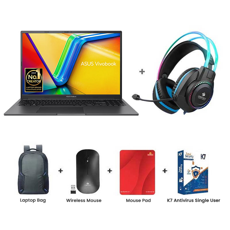 Picture of Asus Vivobook 16X - Intel Core i5-13420H 16" (40.64cm) K3605VC-RP412WS Creator/Gaming Laptop (16GB/ 512GB SSD/ WUXGA/ 4GB GDDR6 NVIDIA RTX 3050 4GB/ Windows 11 Home/ Office Home 2024/ 1Year Warranty/ Indie Black/ 1.80 Kg) Zebronics Zeb-Jet Premium Gaming Headphone + Laptop Bag + Wireless Mouse + Mouse Pad + K7 Antivirus Single User