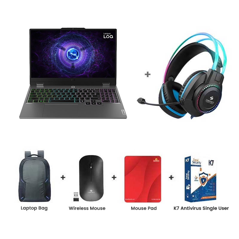 Picture of Lenovo LOQ -  Intel Core i5-13450HX 15.6" (39.6cm) 83DV01B8IN  Gaming Laptop (16GB/  512GB SSD/ Full HD Display/  NVIDIA GeForce RTX 3050A 4GB GDDR6/ E-shutter/ Anti-Glare/ 100% sRGB/ 144Hz/ Windows 11 Home/ Office Home 2024/ 1Year Warranty/ Luna Grey/ 2.38 kg) Zebronics Zeb-Jet Premium Gaming Headphone + Laptop Bag + Wireless Mouse + Mouse Pad + K7 Antivirus Single User