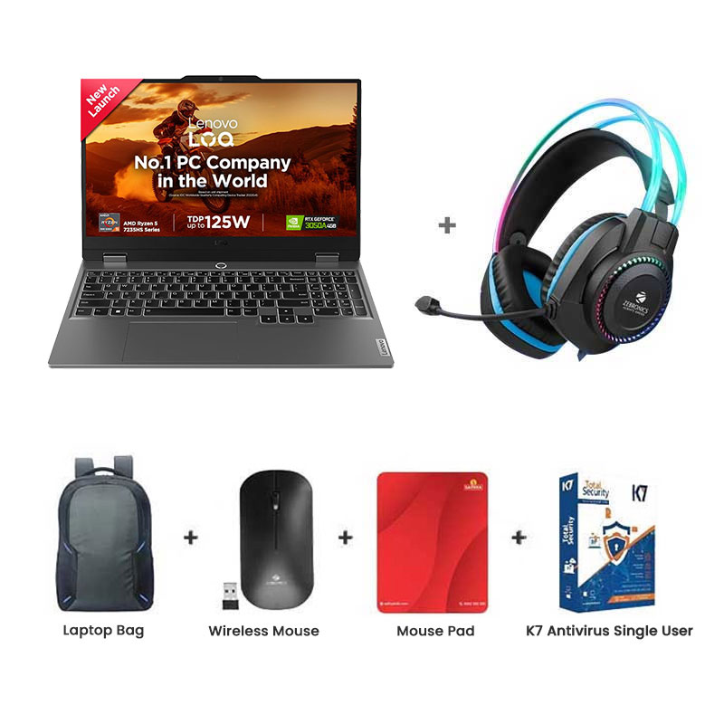 Picture of Lenovo LOQ -  AMD Ryzen 5 7235HS 15.6" (39.6cm) 83JC00HNIN Gaming Laptop (12GB/ 512GB SSD/ Full HD Display/ NVIDIA GeForce RTX 3050A 4GB GDDR6/ Anti-Glare/ Windows 11 Home/ Office Home 2024/ Backlit Keyboard/ E-Shutter/1Year Warranty/ Luna Grey/ 2.38Kg) Zebronics Zeb-Jet Premium Gaming Headphone + Laptop Bag + Wireless Mouse + Mouse Pad + K7 Antivirus Single User