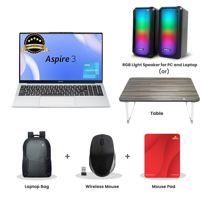 Picture of Acer Aspire 3 - Intel Core Celeron N4500 15.6" (39.63 cm) A325-45 Thin & Light Laptop (8GB/ 512GB SSD/ HD Display/ Windows 11 Home/ MS Office/ 1Year Warranty/ Pure Silver/ 1.5Kg) RGB Light Speaker for PC and Laptop (or) Laptop Table + Laptop Bag + Wireless Mouse + Mouse Pad