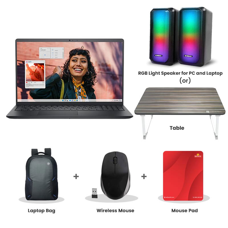 Picture of Dell Inspiron 3530 - 13th Gen Core i3-1305U 15.6" (39.62cm) Thin & Light Laptop (8GB/ 512GB SSD/ Full HD Display/ Windows 11 Home/ MS Office 2024/ Intel UHD Graphics/ 1 Year Warranty/ Carbon Black/ 1.62 kg)  RGB Light Speaker for PC and Laptop (or) Laptop Table + Laptop Bag + Wireless Mouse + Mouse Pad