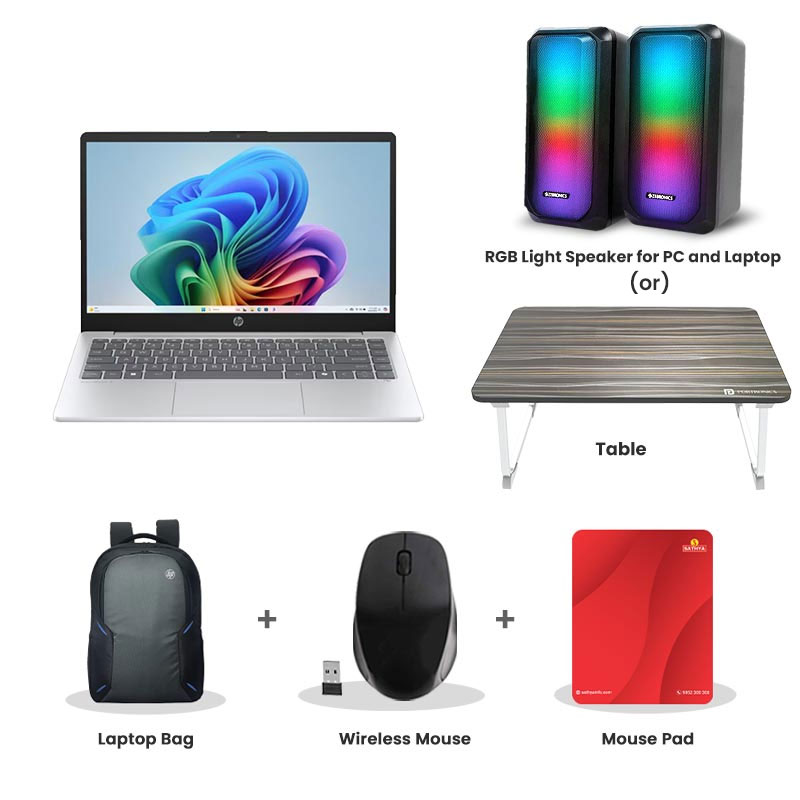 Picture of HP - Intel Core i3-1315U 15.6" (39.6 Cm) 15-fd0624TU Thin & Light Laptop (8GB DDR4/ 512GB SSD/  Intel UHD Graphics /Dual speakers /65 W AC power adapter/ Mic mute key/ Camera privacy shutter/Windows 11 Home/ MS Office/ 1Year Warranty/  Natural Silver/ 1.59 Kg) RGB Light Speaker for PC and Laptop (or) Laptop Table + Laptop Bag + Wireless Mouse + Mouse Pad