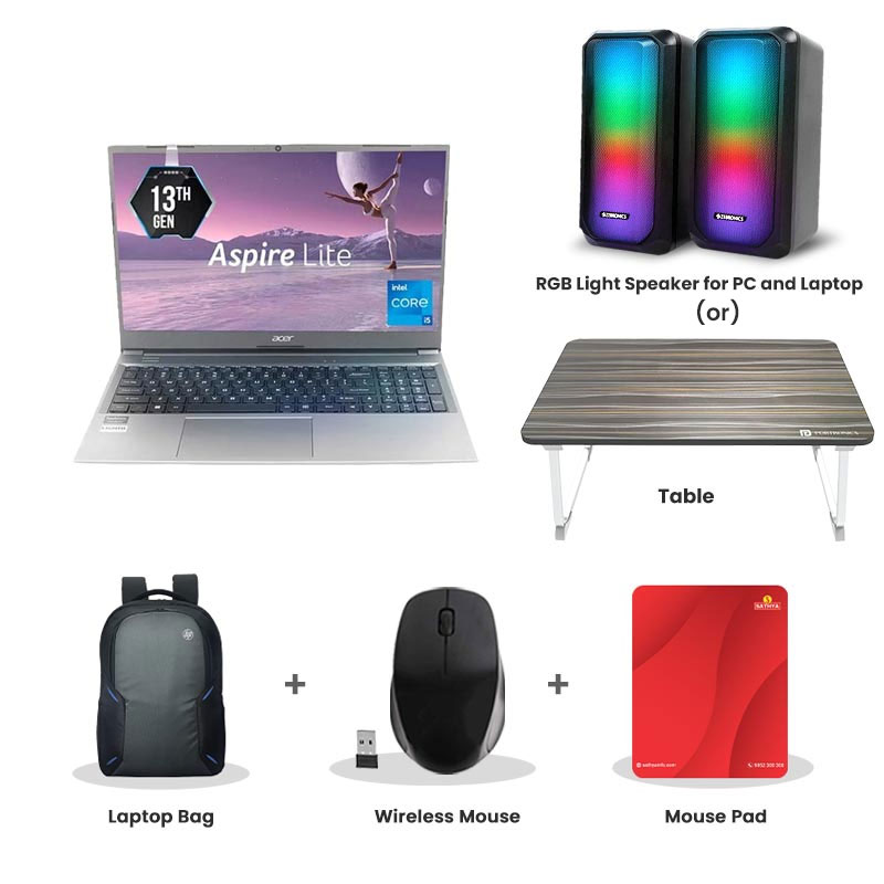 Picture of Acer Aspire Lite - 13th Gen Intel Core i3-1305U 15.6" (39.6 cm) AL15-53 Thin & Light Laptop (8GB/ 512GB SSD/ Full HD Display/ Intel Graphics/ Windows 11 Home/ MS Office/ 1Year Warranty/ Steel Gray/ 1.59 Kg) RGB Light Speaker for PC and Laptop (or) Laptop Table + Laptop Bag + Wireless Mouse + Mouse Pad