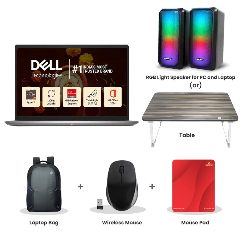 Picture of Dell 15 - AMD Ryzen 7-7730U 15.6" (39.62cm) Thin & Light Laptop (16GB/ 512GB SSD/ Full HD Display/ AMD Radeon Graphics/ Standard Keyboard/ Windows 11 Home/ Office Home 2024 + M365 Basic/ 1Year Warranty/ Platinum Silver/ 1.63Kg) RGB Light Speaker for PC and Laptop (or) Laptop Table + Laptop Bag + Wireless Mouse + Mouse Pad