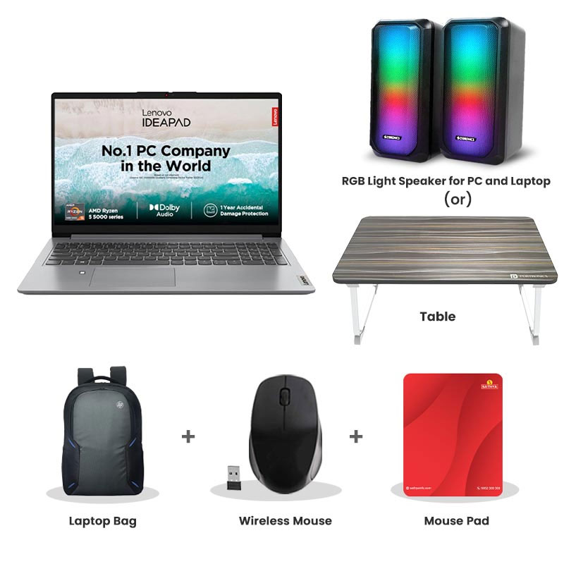 Picture of Lenovo  IdeaPad Slim 3 -  AMD Ryzen 5 7520U 15.6" (39.62 cm)  82XQ00W4IN Thin & Light Laptop (16GB / 512GB SSD/ Full HD Display/  Camera Privacy Shutter/ AMD Radeon 610M Graphics/ Anti-glare/ Windows 11 Home/ Microsoft 365 Basic + Office Home 2024/ 1Year Warranty/ Arctic Grey/ 1.62 kg) RGB Light Speaker for PC and Laptop (or) Laptop Table + Laptop Bag + Wireless Mouse + Mouse Pad