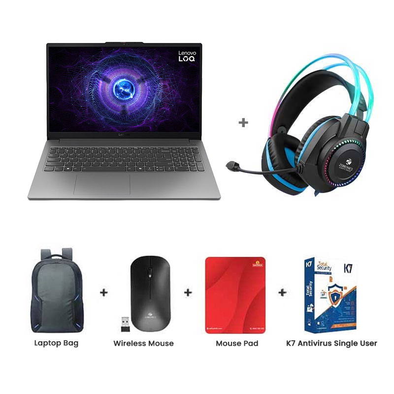 Picture of Lenovo LOQ - 	Intel Core i7-12650HX 15.6" (39.6cm) 83LK00D9IN Gaming Laptop  (16GB/ 512GB SSD/ Full HD Display/ NVIDIA GeForce RTX 4050 6GB GDDR6/ Windows 11 Home/ Office Home 2024/  1Year Warranty/ Luna Grey/ 1.77 kg) Zebronics Zeb-Jet Premium Gaming Headphone + Laptop Bag + Wireless Mouse + Mouse Pad + K7 Antivirus Single User