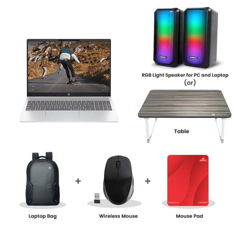 Picture of HP OmniBook 5 - 13th Gen Intel Core i5-1334U 16" (40.5 cm) 16-ba1789TU Thin & Light Laptop  (16GB LPDDR5/ 512GB SSD/ Touch Screen/ Anti Glare/ Intel Iris Xᵉ Graphics/ Backlit Keyboard/ Camera Privacy Shutter/ Windows 11 Home/Office Home 2024/ 1 Year Warranty/ Glacier Silver/ 1.77 kg) RGB Light Speaker for PC and Laptop (or) Laptop Table + Laptop Bag + Wireless Mouse + Mouse Pad