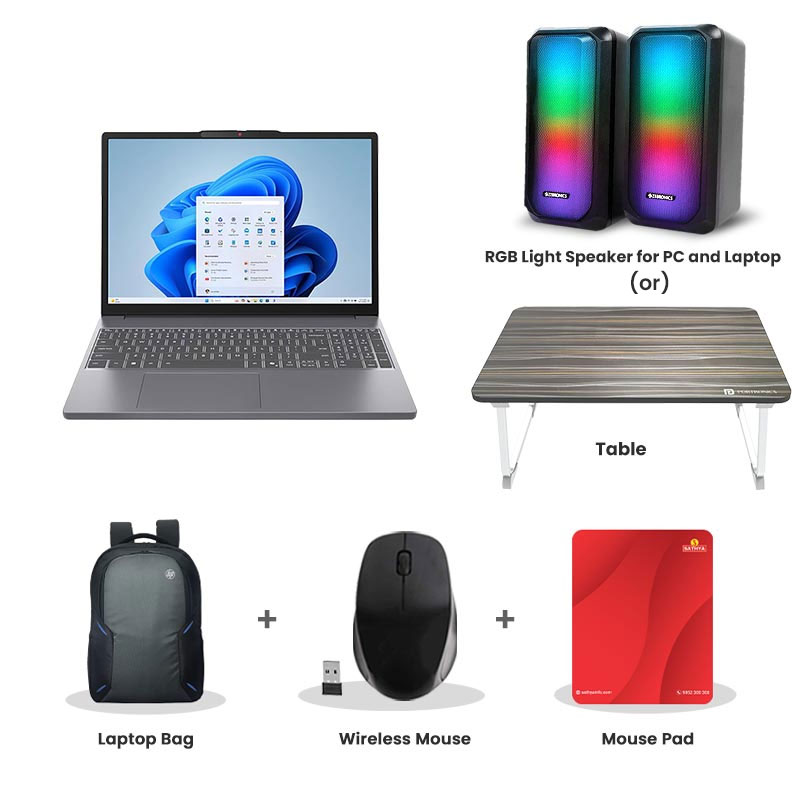 Picture of Lenovo IdeaPad Slim 3 - Intel Core i5-13420H 15.3" (38.86 cm) 83K100HSIN Thin & Light Laptop (16GB/ 1TB SSD/ WUXGA PS 300nits Anti-glare/ Integrated Intel UHD Graphics/ Backlit keyboard/ Camera Privacy Shutter/ Windows 11 Home/ Office Home 2024/ 1Year Warranty/ Luna Grey/ 1.59kg) RGB Light Speaker for PC and Laptop (or) Laptop Table + Laptop Bag + Wireless Mouse + Mouse Pad