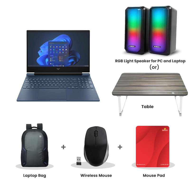 Picture of HP Victus - 13th Gen Intel Core i5-13420H  15.6" (39.6 cm)  15-FA2047TX Gaming Laptop (16 GB DDR4/ 1TB SSD/ Full HD IPS Display/ NVIDIA GeForce RTX 3050A 4GB GDDR6/ Backlit Keyboard/ Anti-glare/ Windows 11 Home/  Office Home 2024/ 1 Year Warranty/ Mica Silver/ 2.29 kg) RGB Light Speaker for PC and Laptop (or) Laptop Table + Laptop Bag + Wireless Mouse + Mouse Pad