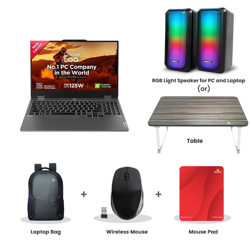 Picture of Lenovo LOQ -  AMD Ryzen 5 7235HS 15.6" (39.6cm) 83JC00HNIN Gaming Laptop (12GB/ 512GB SSD/ Full HD Display/ NVIDIA GeForce RTX 3050A 4GB GDDR6/ Anti-Glare/ Windows 11 Home/ Office Home 2024/ Backlit Keyboard/ E-Shutter/1Year Warranty/ Luna Grey/ 2.38Kg)  RGB Light Speaker for PC and Laptop  (or) Laptop Table + Laptop Bag + Wireless Mouse + Mouse Pad