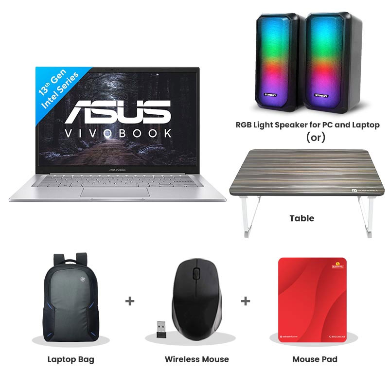 Picture of Asus Vivobook 14 - Intel Core i3-1315U 14" (35.56 cm) X1404VA-EB321WS Thin & Light Laptop (8GB/ 512GB SSD/ Full HD Display/ Intel UHD Graphics/ Windows 11 Home/ Office Home 2024 + M365 Basic (1 Year Validity)/ 1 Year Warranty/ Cool Silver/ 1.40 kg)  RGB Light Speaker for PC and Laptop (or) Laptop Table + Laptop Bag + Wireless Mouse + Mouse Pad
