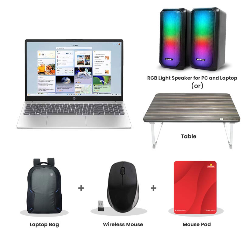 Picture of HP - Intel Core Ultra 7-155H 14" (35.6 cm)  14-ep1151TU Thin & Light Laptop (16GB DDR5/ 512GB SSD/ Full HD Display/ Intel Arc Graphics/ Anti-Glare/ Micro-Edge/ Camera Privacy Shutter/ Backlit Keyboard/ Mic Mute key/ Windows 11 Home/ 1Year Warranty/ Natural Silver/ 1.4 kg) RGB Light Speaker for PC and Laptop (or)Laptop Table + Laptop Bag + Wireless Mouse + Mouse Pad