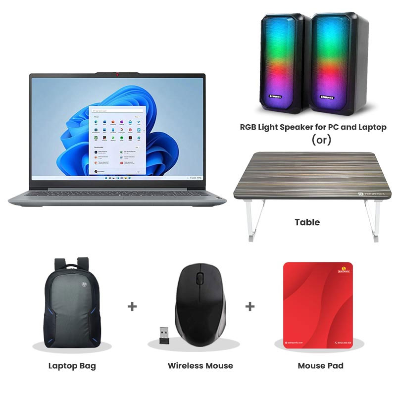 Picture of Lenovo IdeaPad Slim 3 - Intel Core i3-1315U 15.6" (39.62 cm) 82X700HMIN Thin & Light Laptop (8GB / 512GB SSD/ Full HD Display/  Camera Privacy Shutter/ Anti-glare/ Integrated Intel UHD Graphics/ Windows 11 Home/ MS Office 2024/ 1Year Warranty/ Arctic Grey/ 1.62 kg) RGB Light Speaker for PC and Laptop (or) Laptop Table + Laptop Bag + Wireless Mouse + Mouse Pad