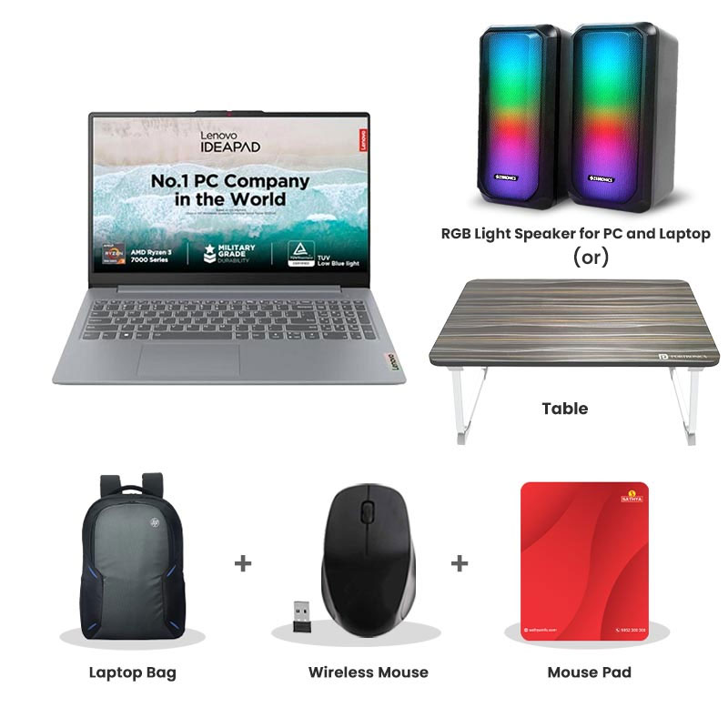Picture of Lenovo IdeaPad 1 - AMD Ryzen 5 5500U 15.6" (39.62cm) 82R4011PIN  Thin & Light Laptop (8GB / 512GB SSD/ Full HD Display/ Integrated AMD Radeon Graphics/ Camera Privacy Shutter/ Anti-glare/ Windows 11 Home/ Office Home 2024/ 1Year Warranty/ Cloud Grey/ 1.61 kg) RGB Light Speaker for PC and Laptop (or) Laptop Table + Laptop Bag + Wireless Mouse + Mouse Pad