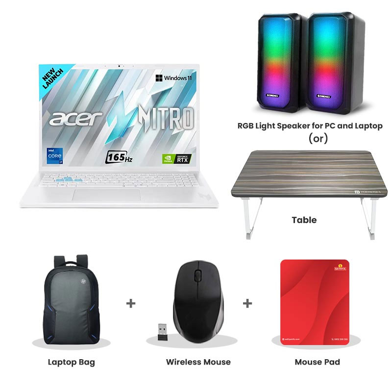 Picture of Acer Nitro Lite - Intel Core i7-13620H 16" (40.64 cm) NL16-71G Gaming Laptop (16GB/ 512GB SSD/ WUXGA IPS 165Hz/ NVMe SSD RTX 3050 6GB-GDDR6/ Windows 11 Home/ 1Year Warranty/ Pearl White/ 1.95kg) RGB Light Speaker for PC and Laptop (or) Laptop Table + Laptop Bag + Wireless Mouse + Mouse Pad