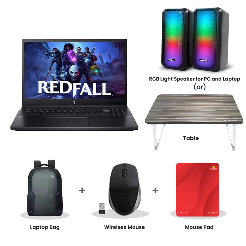 Picture of  Acer Nitro V 15 - AMD Ryzen 5-6600H 15.6" (39.62cm) ANV15-41 Gaming Laptop (16GB / 512GB SSD / Full HD IPS Display/ Windows 11 Home/ NVIDIA GeForce RTX 3050 6G-GDDR6/ 165Hz/ Backlit Keyboard / 1 Year Warranty/ Obsidian Black / 2.1Kg) RGB Light Speaker for PC and Laptop (or) Laptop Table + Laptop Bag + Wireless Mouse + Mouse Pad