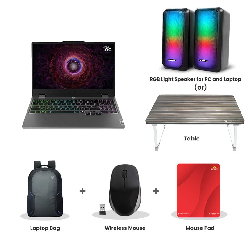 Picture of Lenovo LOQ 2024 - AMD Ryzen 5 7235HS 15.6" (39.6 cm) 83JC00EFIN Gaming Laptop (24GB RAM/ 512GB SSD/ Full HD Display/ NVIDIA GeForce RTX 3050 6GB/ White Backlit/ Anti-Glare/ Ethernet Port/ Windows 11 Home/ MS Office 2024/ 1 Year Warranty / Luna Grey/ 2.38 kg) RGB Light Speaker for PC and Laptop (or) Laptop Table + Laptop Bag + Wireless Mouse + Mouse Pad
