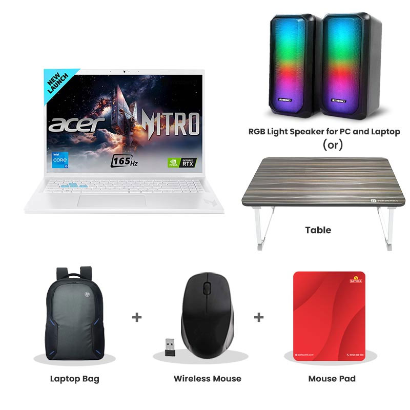 Picture of Acer Nitro Lite - Intel Corei5-13420H 16" (40.64 cm) NL16-71G Gaming Laptop (16GB/ 512GB SSD/ WUXGA IPS 165Hz/ NVMe SSD RTX 4050 6G-GDDR6/ Backlit Keyboard/ Windows 11 Home/ 1Year Warranty/ Pearl White/ 1.95kg) RGB Light Speaker for PC and Laptop (or) Laptop Table + Laptop Bag + Wireless Mouse + Mouse Pad