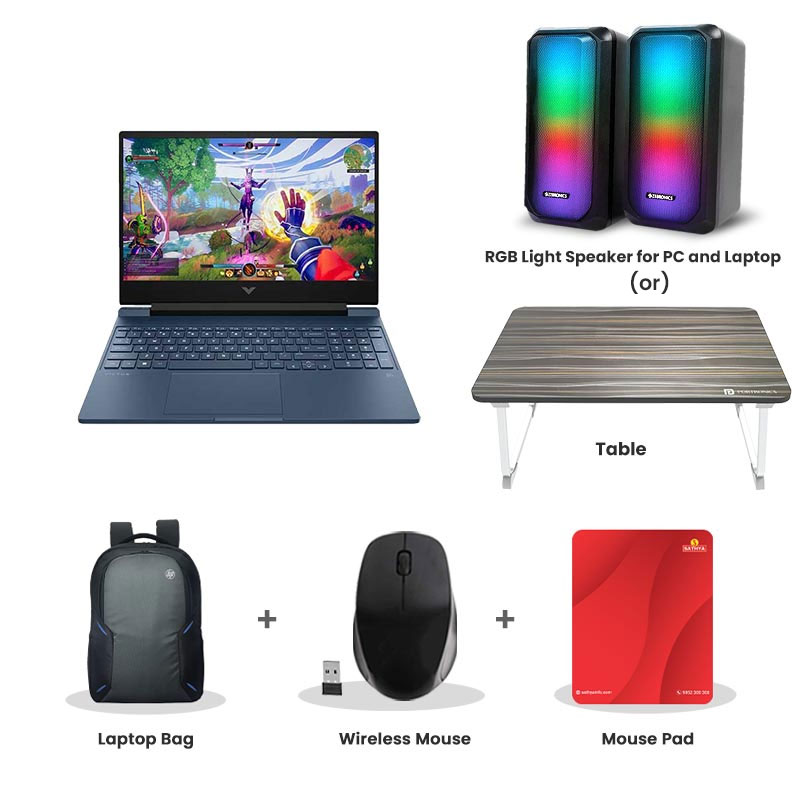 Picture of HP Victus - 14th  Gen Intel Core i5-14450HX 16.1" (40.9 cm) 16-r1703TX Gaming Laptop (16GB/ 512GB SSD/ Full HD Display/ 144 Hz/ NVIDIA GeForce RTX 3050 6GB/ Windows 11 Home/ MS Office/ 1 Year Warranty/ Mica Silver/ 2.31 kg) RGB Light Speaker for PC and Laptop (or) Laptop Table + Laptop Bag + Wireless Mouse + Mouse Pad