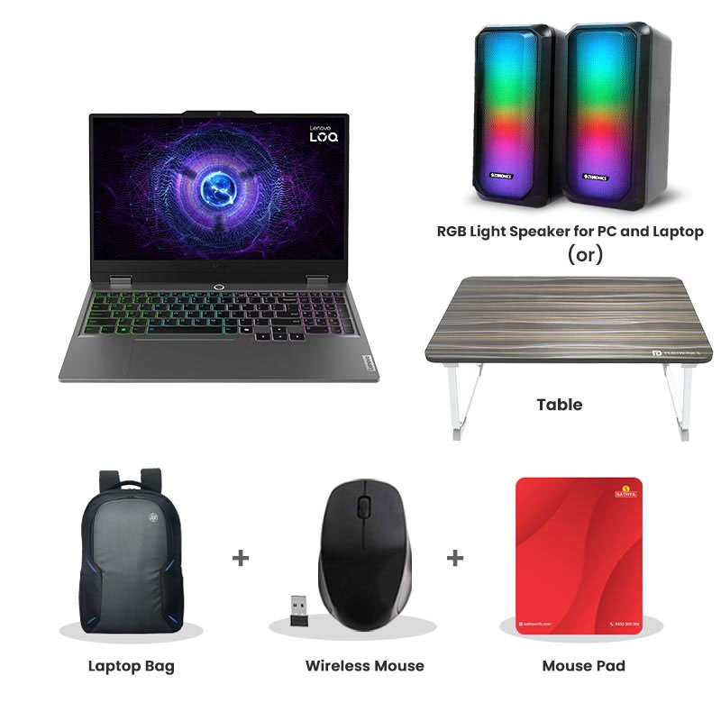 Picture of Lenovo LOQ -  Intel Core i5-13450HX 15.6" (39.6cm) 83DV01B8IN  Gaming Laptop (16GB/  512GB SSD/ Full HD Display/  NVIDIA GeForce RTX 3050A 4GB GDDR6/ E-shutter/ Anti-Glare/ 100% sRGB/ 144Hz/ Windows 11 Home/ Office Home 2024/ 1Year Warranty/ Luna Grey/ 2.38 kg) RGB Light Speaker for PC and Laptop (or) Laptop Table + Laptop Bag + Wireless Mouse + Mouse Pad