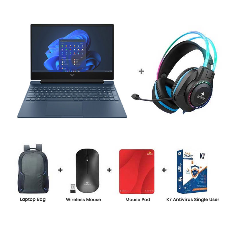 Picture of HP Victus - 13th Gen Intel Core i5-13420H  15.6" (39.6 cm)  15-FA2047TX Gaming Laptop (16 GB DDR4/ 1TB SSD/ Full HD IPS Display/ NVIDIA GeForce RTX 3050A 4GB GDDR6/ Backlit Keyboard/ Anti-glare/ Windows 11 Home/  Office Home 2024/ 1 Year Warranty/ Mica Silver/ 2.29 kg)  Zebronics Zeb-Jet Premium Gaming Headphone + Laptop Bag + Wireless Mouse + Mouse Pad + K7 Antivirus Single User