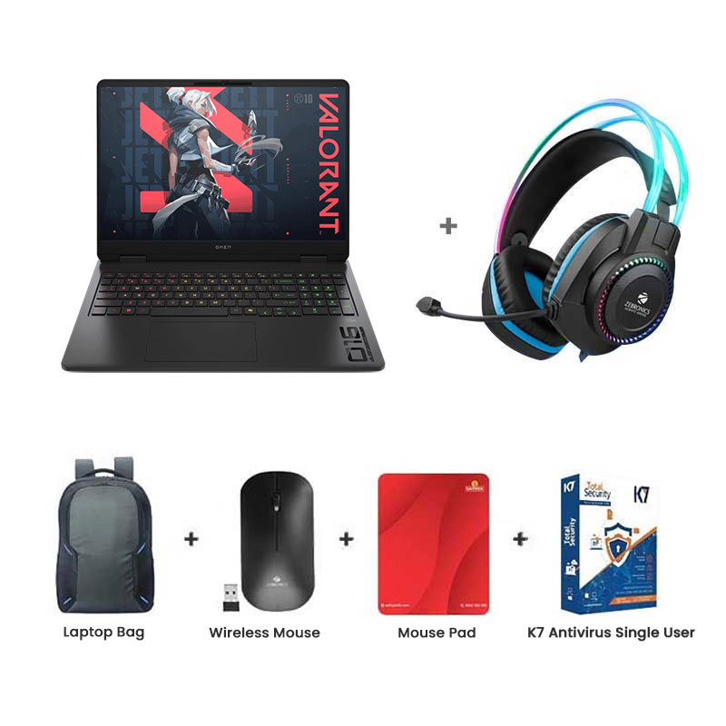 Picture of  HP Omen - AMD Ryzen AI 7 350 16" (40.6 cm) 16-ap0165AX Gaming Laptop  (24GB DDR5/ 1TB SSD/ NVIDIA GeForce RTX 5050 8GB/ Anti-Glare/ Camera Privacy Shutter/ Windows 11 Home/ 1Year Warranty/ Shadow Black/ 2.44 kg)  Zebronics Zeb-Jet Premium Gaming Headphone + Laptop Bag + Wireless Mouse + Mouse Pad + K7 Antivirus Single User