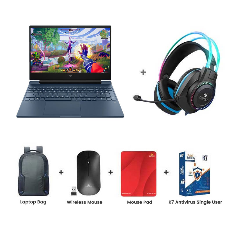 Picture of HP Victus - AMD Ryzen 7-7445HS 15.6" (39.6 cm) 15-FB3189AX Gaming Laptop (16GB DDR5-5600/ 512 GB SSD/ Full HD Display/ NVIDIA GeForce RTX 2050 4GB/ Windows 11 Home/ MS Office/ 1Year Warranty/ Performance Blue/ 2.29 kg)  Zebronics Zeb-Jet Premium Gaming Headphone + Laptop Bag + Wireless Mouse + Mouse Pad + K7 Antivirus Single User