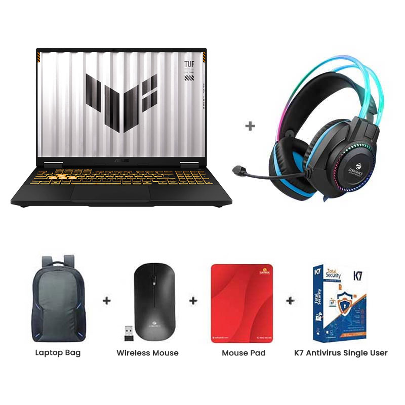 Picture of Asus TUF Gaming F16 - Intel Core i7 14650HX 16" (40.64 cm) FX608JMR-RV049WS Gaming Laptop (16GB/ 1TB SSD/ Full HD Display/ 8GB GDDR7 NVIDIA GeForce RTX 5060/ Windows 11 Home/ MS Office/ 1Year Warranty/ Jaeger Gray/ 2.20 kg) Zebronics Zeb-Jet Premium Gaming Headphone + Laptop Bag + Wireless Mouse + Mouse Pad + K7 Antivirus Single User