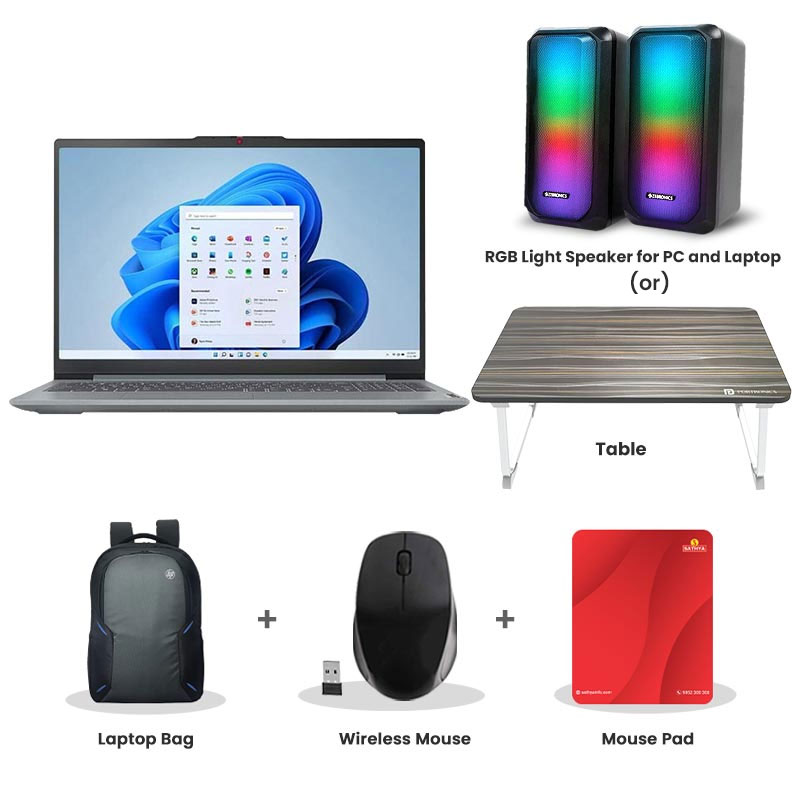 Picture of Lenovo IdeaPad Slim 3 - Intel Core i7-13620H 15.3" (38.86 cm) 83K100C9IN Thin & Light Laptop (16GB/ 512GB SSD/ WUXGA IPS 300nits Anti-glare /  Intel UHD Graphics/ Backlit keyboard/ Camera Privacy Shutter/ Windows 11 Home/ Office Home 2024/ 1Year Warranty Luna Grey/ 1.59 kg)   RGB Light Speaker for PC and Laptop (or) Laptop Table + Laptop Bag + Wireless Mouse + Mouse Pad