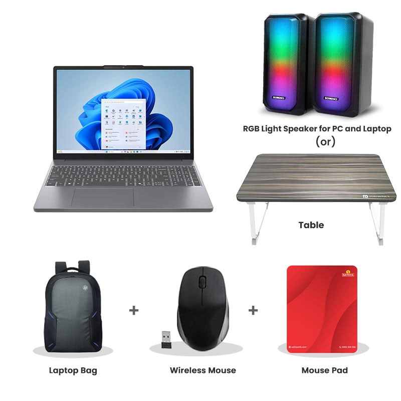 Picture of Lenovo IdeaPad Slim 3 - Intel Core i5-13420H 15.3" (38.86 cm) 83K100C6IN Thin & Light Laptop (16GB/ 512GB SSD/ Camera Privacy Shutter/ Anti-glare/ Integrated Intel UHD Graphics/ Backlit keyboard/ Windows 11 Home/ MS Office 2024/ 1Year Warranty/ Luna Grey/ 1.59 kg) RGB Light Speaker for PC and Laptop (or) Laptop Table + Laptop Bag + Wireless Mouse + Mouse Pad