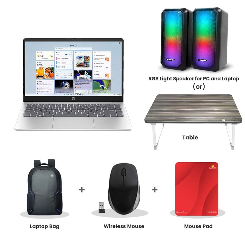 Picture of HP 15 - Intel Core 5-120U 15.6" (39.6 cm) Thin & Light Laptop (16GB/ 1TB SSD/ Full HD Display/ Intel Graphics/ Mic Mute key/ Camera Privacy Shutter/ Anti-glare/ 3-cell, 41 Wh Li-ion polymer/Windows 11 Home/ MS Office/ Natural Silver/ 1 Year Warranty/ 1.59 Kg)  RGB Light Speaker for PC and Laptop (or) Laptop Table + Laptop Bag + Wireless Mouse + Mouse Pad