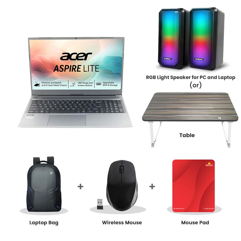 Picture of Acer Aspire Lite -  AMD Ryzen 7-7730U 15.6" (39.62 cm)  AL15-41 Thin & Light Laptop (16GB/ 512GB SSD/ Full HD Display /Integrated AMD Radeon Graphics/ Windows 11 Home / MS Office/ 1Year Warranty/ Steel Gray/ 1.6 Kg)  RGB Light Speaker for PC and Laptop (or) Laptop Table + Laptop Bag + Wireless Mouse + Mouse Pad