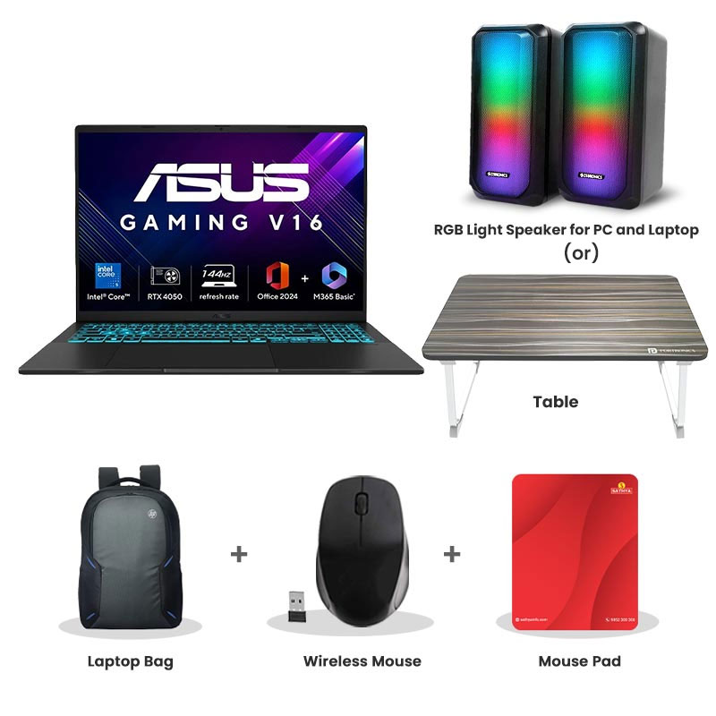 Picture of Asus Gaming V16 - Intel Core 5 210H 16" (40.64 cm) V3607VU-RP550WS Gaming Laptop (16GB/ 512GB SSD/ 6GB GDDR6 NVIDIA GeForce RTX 4050/ Windows 11 Home/ MS Office 2024/ 1Year Warranty/ Black/ 1.95 Kg) RGB Light Speaker for PC and Laptop (or) Laptop Table + Laptop Bag + Wireless Mouse + Mouse Pad